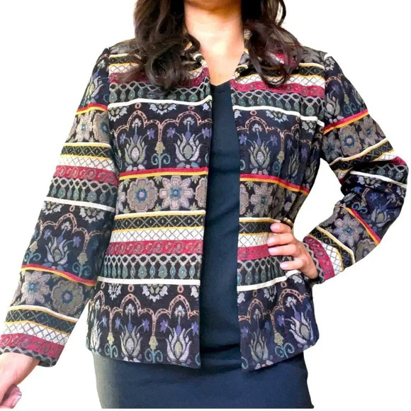 VTG 90s Rainbow Abstract Print Embroidered Paisley Blazer Jacket Size PL - Picture 2 of 10